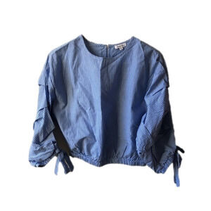 NWOT!  DIZZY LUZZY Blue White Stripe 100% Cotton Gathered Sleeve With Bow TOP S